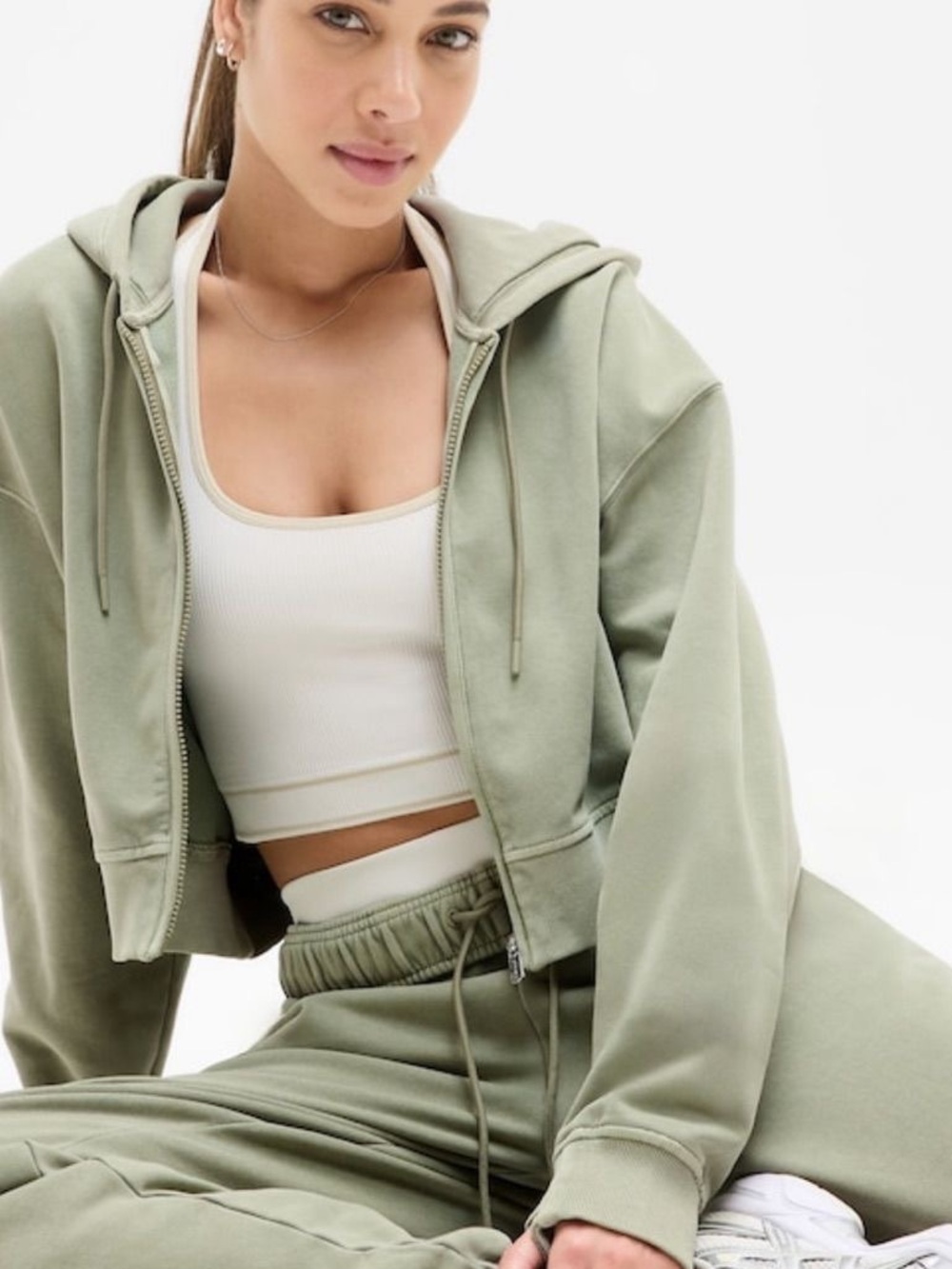 Athleta Forever Fleece Crop Full Zip Sweatshirt Eucalyptus Green XL extra large
